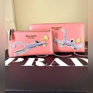 Kate Spade Monkeys Drinking Martinis Pink Set of 2 matching wallets large/small